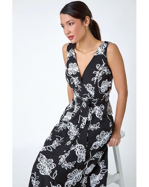 Roman Black Floral Embroidered Cotton Blend Dress