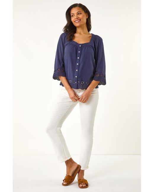 Roman Blue Button Broderie Stretch Blouse