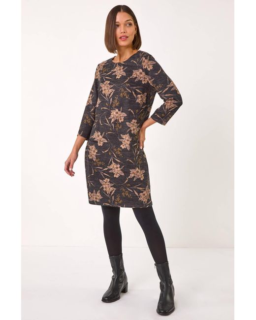 Roman Gray Floral Print Pocket Shift Stretch Dress
