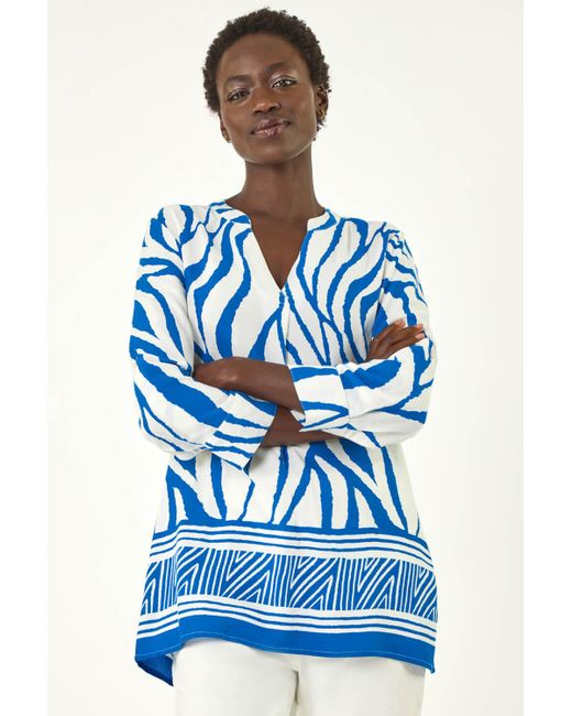 Roman Blue Abstract Print Border Pleat Top