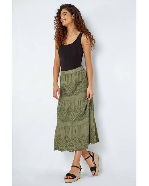 Roman Green Broderie Elastic Waist A Line Tiered Midi Skirt