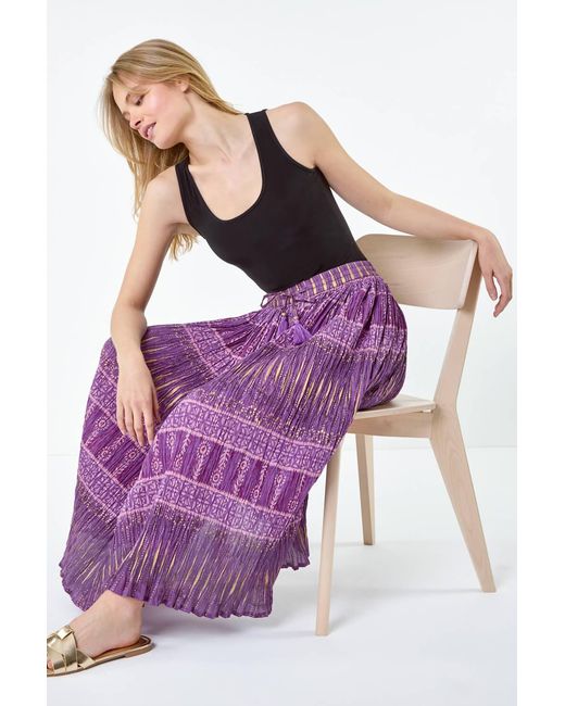 Roman Purple Crinkle Cotton Metallic Foil A Line Midi Skirt