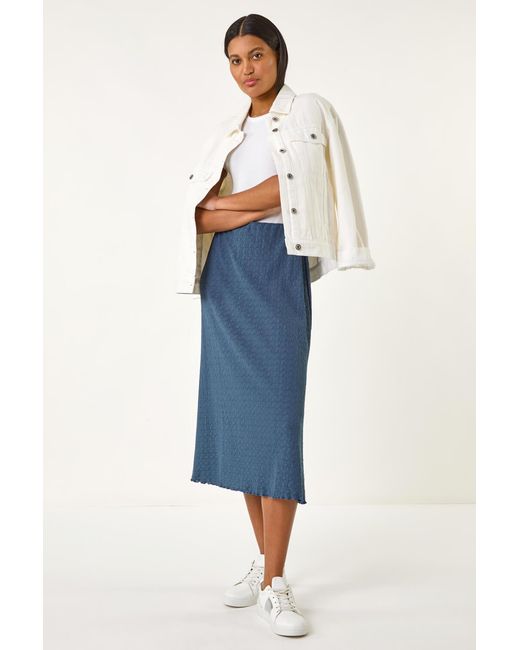 Roman Blue Textured Fluted Hem Midi Skirt