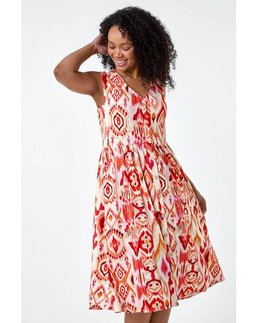 Roman Petite Red Aztec Button Stretch Midi Dress