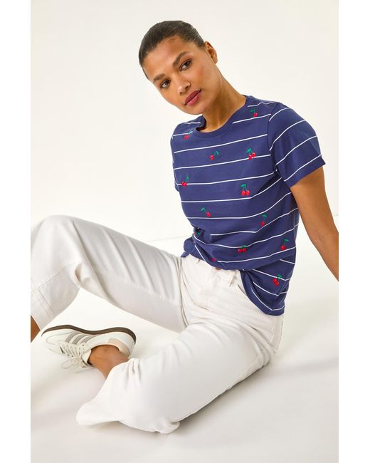 Roman Blue Embroidered Cherry Cotton Tee