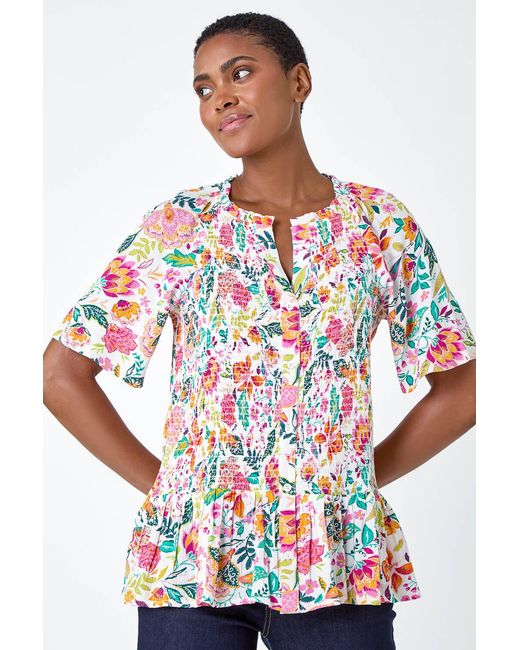 Roman Blue Floral Shirred Crinkle Top