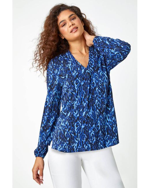 Roman Blue Aztec Print Pleated V-Neck Stretch Top