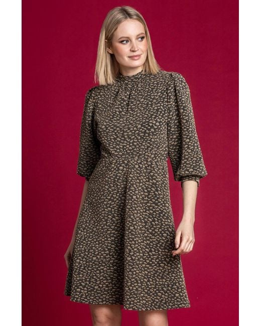 Roman Metallic Shimmer Leopard Print Fit & Flare Dress