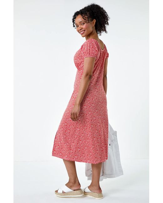 Roman Petite Red Ditsy Print Midi Stretch Dress