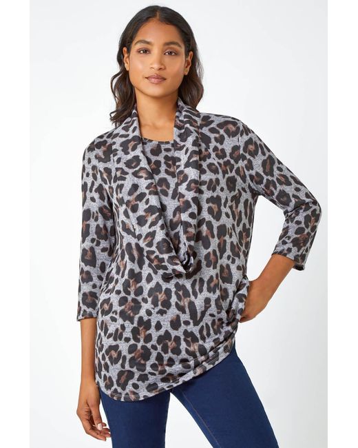 Roman Blue Animal Print Pocket Tunic Top With Snood