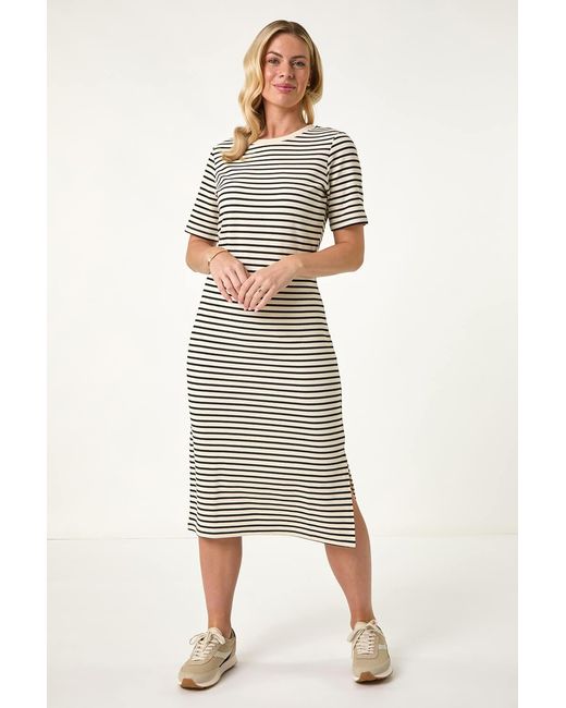 Roman Petite Black Stripe Knit Midi Stretch Dress