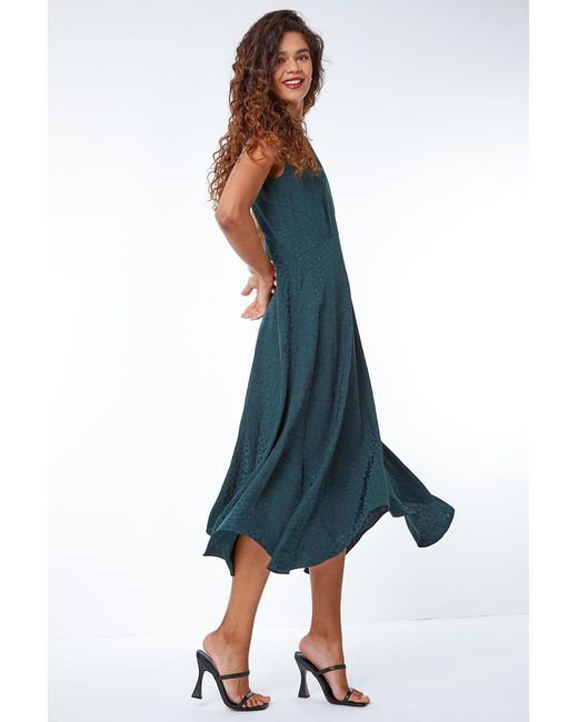 Roman Blue Leopard Print Jacquard Hanky Hem Midi Dress