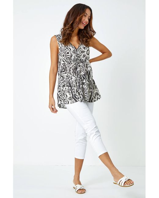Roman White Sleeveless V-Neck Aztec Print Frill Vest Top