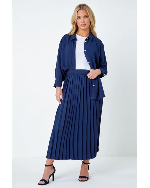 Roman Blue Petite Plain Pleated Midi Skirt