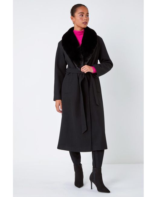 Roman Black Petite Faux Fur Collar Longline Coat
