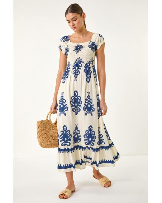 Roman Blue Bardot Shirred Maxi Dress