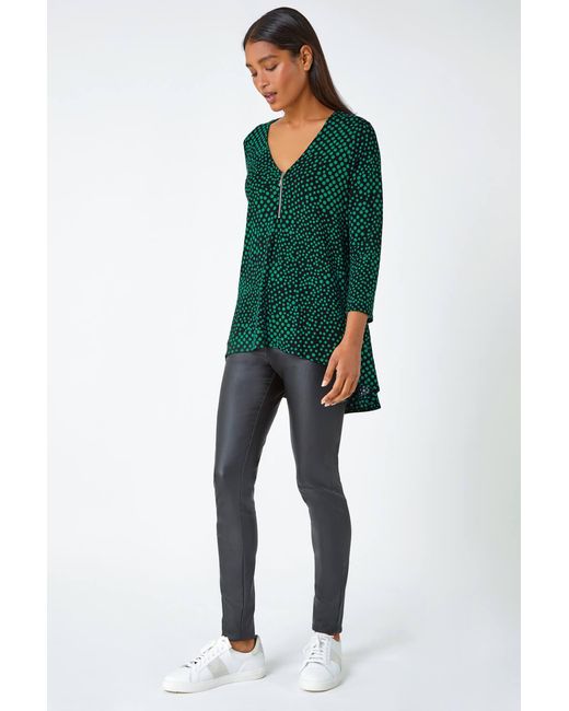 Roman Green Spot Print Zip Front Stretch Top