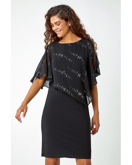 Roman Black Sequin Chiffon Overlay Stretch Dress