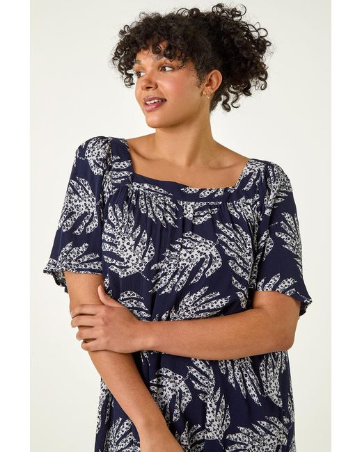 Roman Curve Blue Leaf Print Square Neck Top