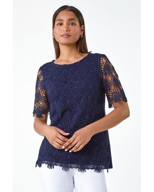 Roman Blue Floral Lace Stretch Jersey T-shirt