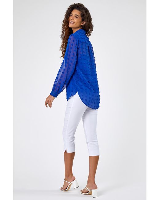 Roman Blue Textured Spot Button Up Blouse