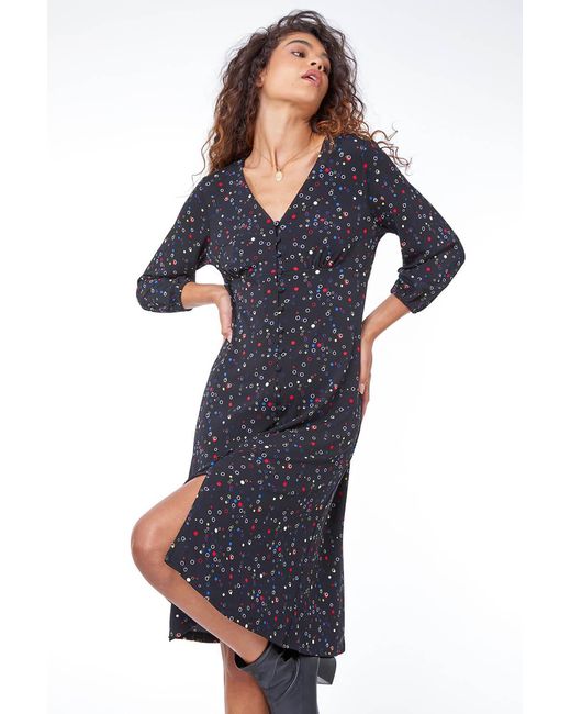 Roman Blue Bubble Print Button Through Midi Dress