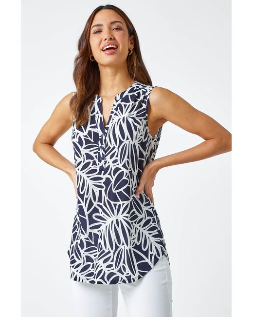 Roman Blue Textured Linear Print Sleeveless Top