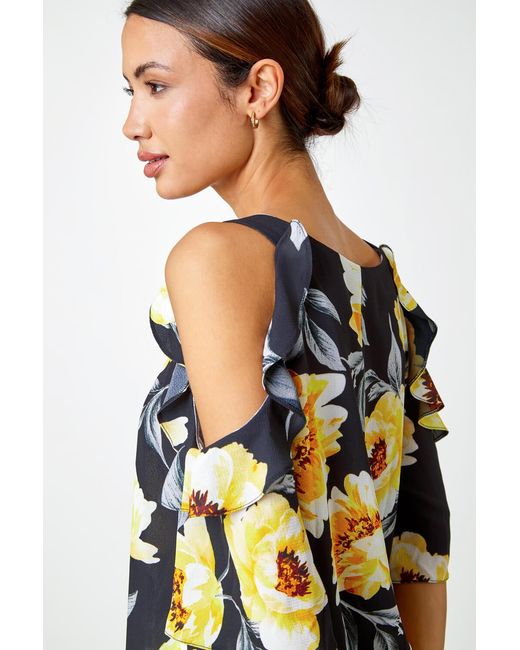 Roman Yellow Floral Ruffle Detail Cold Shoulder Top