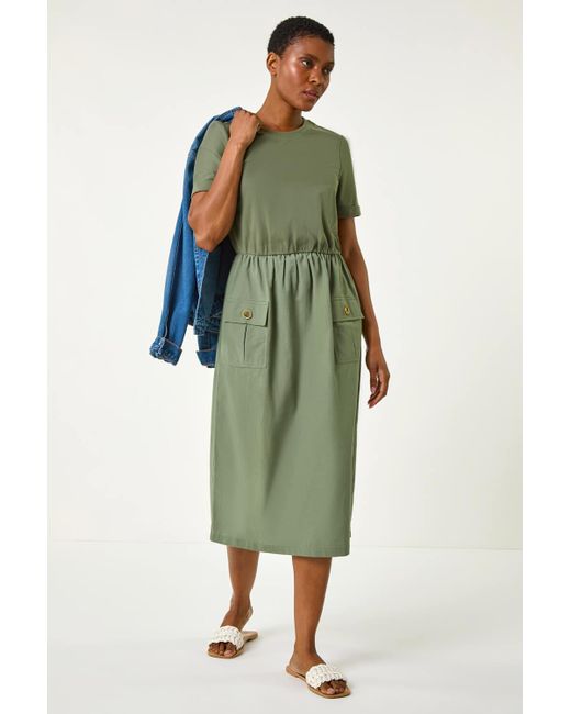 Roman Green Cotton Utility T-Shirt Midi Dress