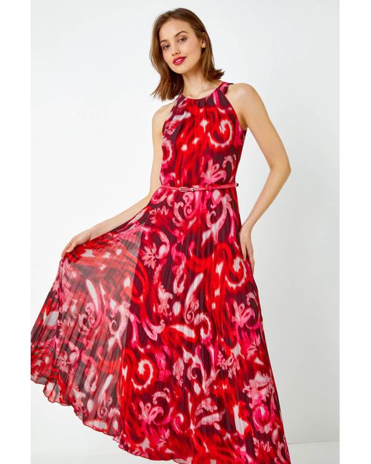 Roman Red Swirl Print Pleated Maxi Dress