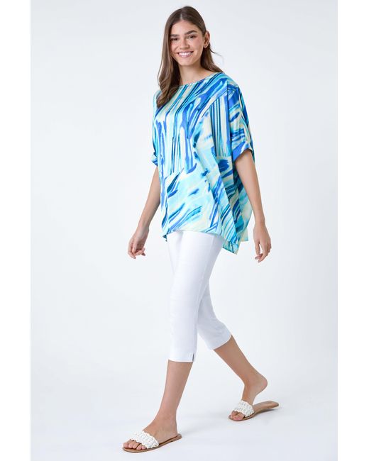 Roman Blue Abstract Stripe Button Back Top