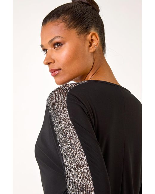 Roman Black Sequin Sleeve Panel Stretch Top