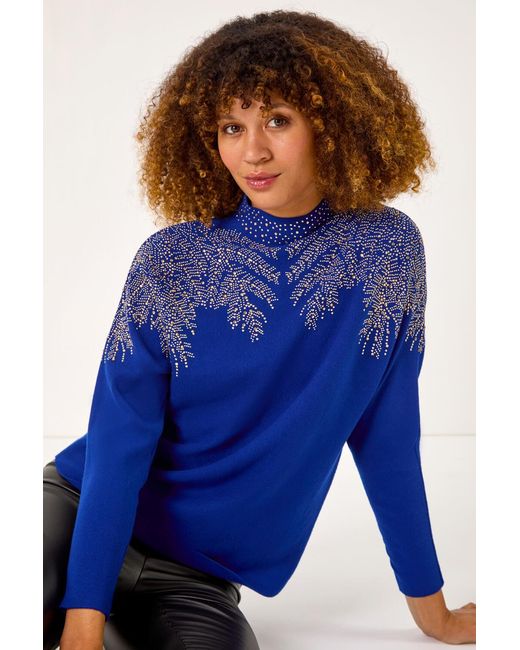 Roman Blue Shimmer Leaf Knit Jumper