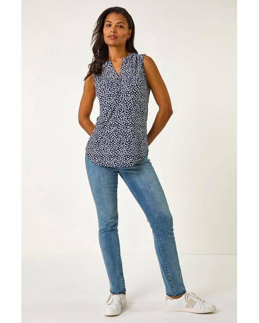 Roman Blue Textured Floral Print V-Neck Stretch Top