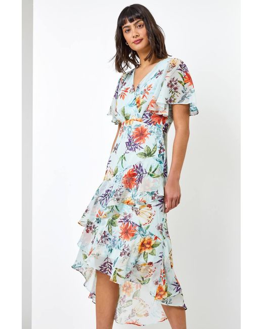 Roman Multicolor Floral Chiffon Frill Tiered Midi Wrap Dress