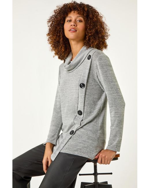 Roman Gray Cowl Neck Button Stretch Top