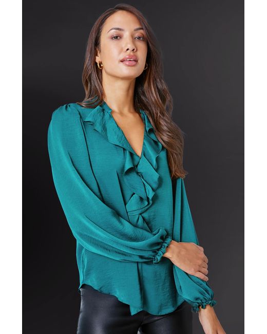 Roman Blue Satin Ruffle Neck Blouse
