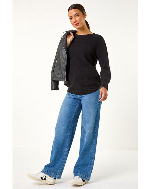 Roman Black Textured Curved Hem Jumper