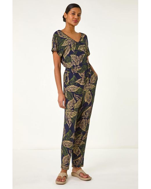 Roman Blue Leaf Print V-Neck Jumpsuit