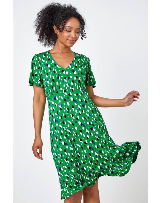 Roman Petite Green Spot Frill Hem Stretch Skater Dress