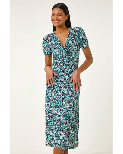 Roman Blue Floral Front Twist Stretch Midi Dress