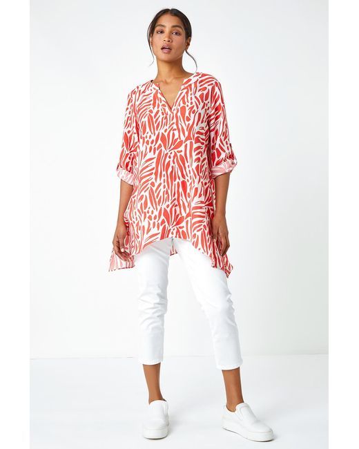 Roman Red Spot Print V-Neck Hanky Hem Tunic Top