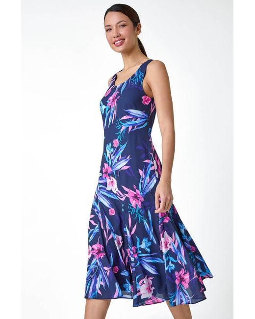 Roman Blue Sleeveless Tropical Print Bias Midi Dress