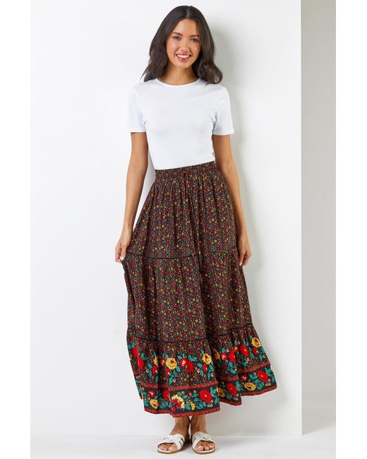 Roman Black Floral Print Elastic Waist Tiered Maxi Skirt