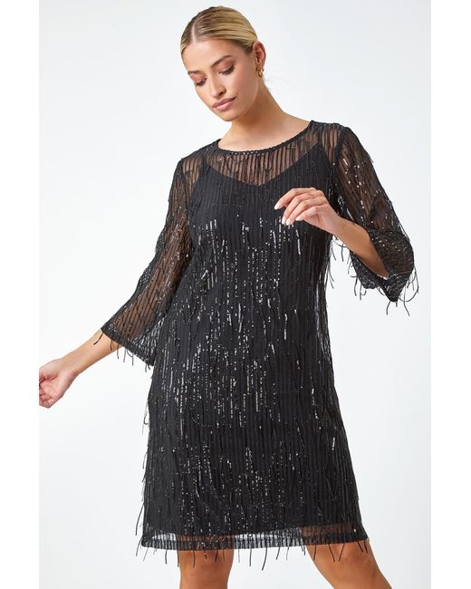 D.u.s.k Black Sequin Sparkle Tassel Shift Dress