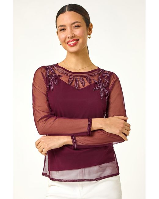 Roman Red Embellished Sequin Mesh Top