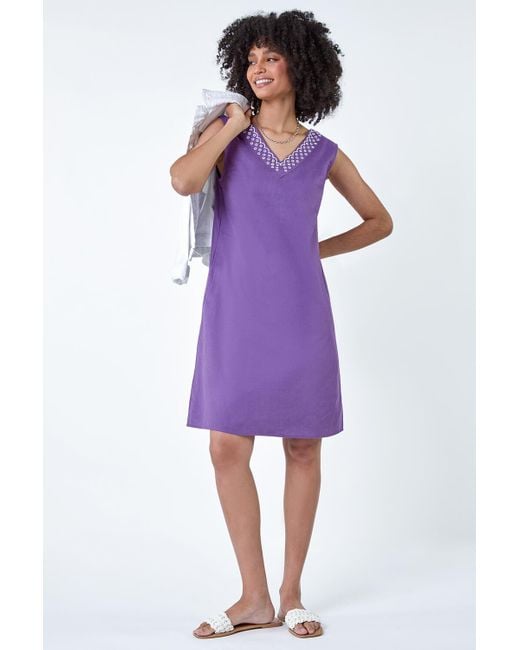 Roman Purple Cotton Blend Embroidered Pocket Shift Dress