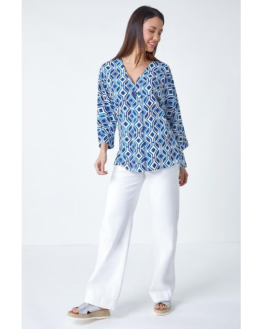 Roman Blue Geometric Pleated Button Detail V-Neck Top