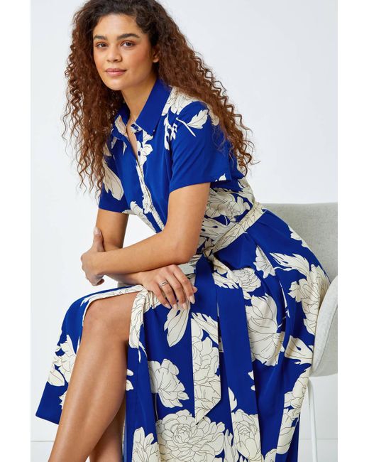 Roman Blue Contrast Floral Print Shirt Dress