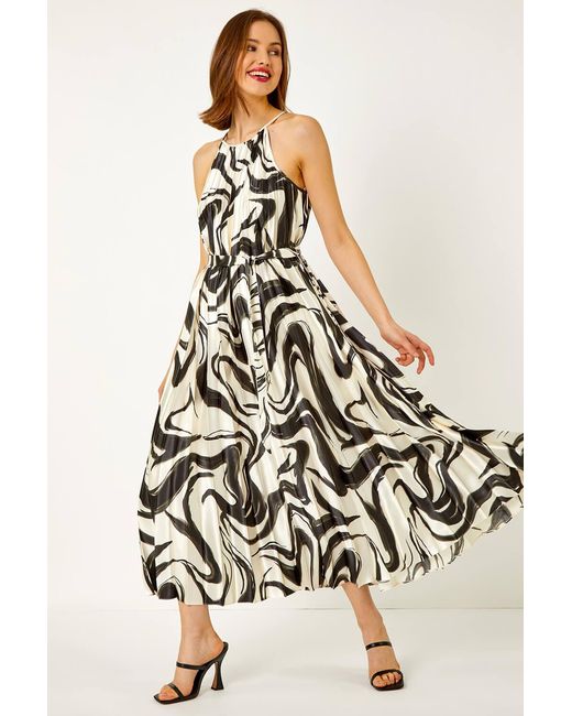 Roman White Sleeveless Swirl Print Pleated Chiffon Dress